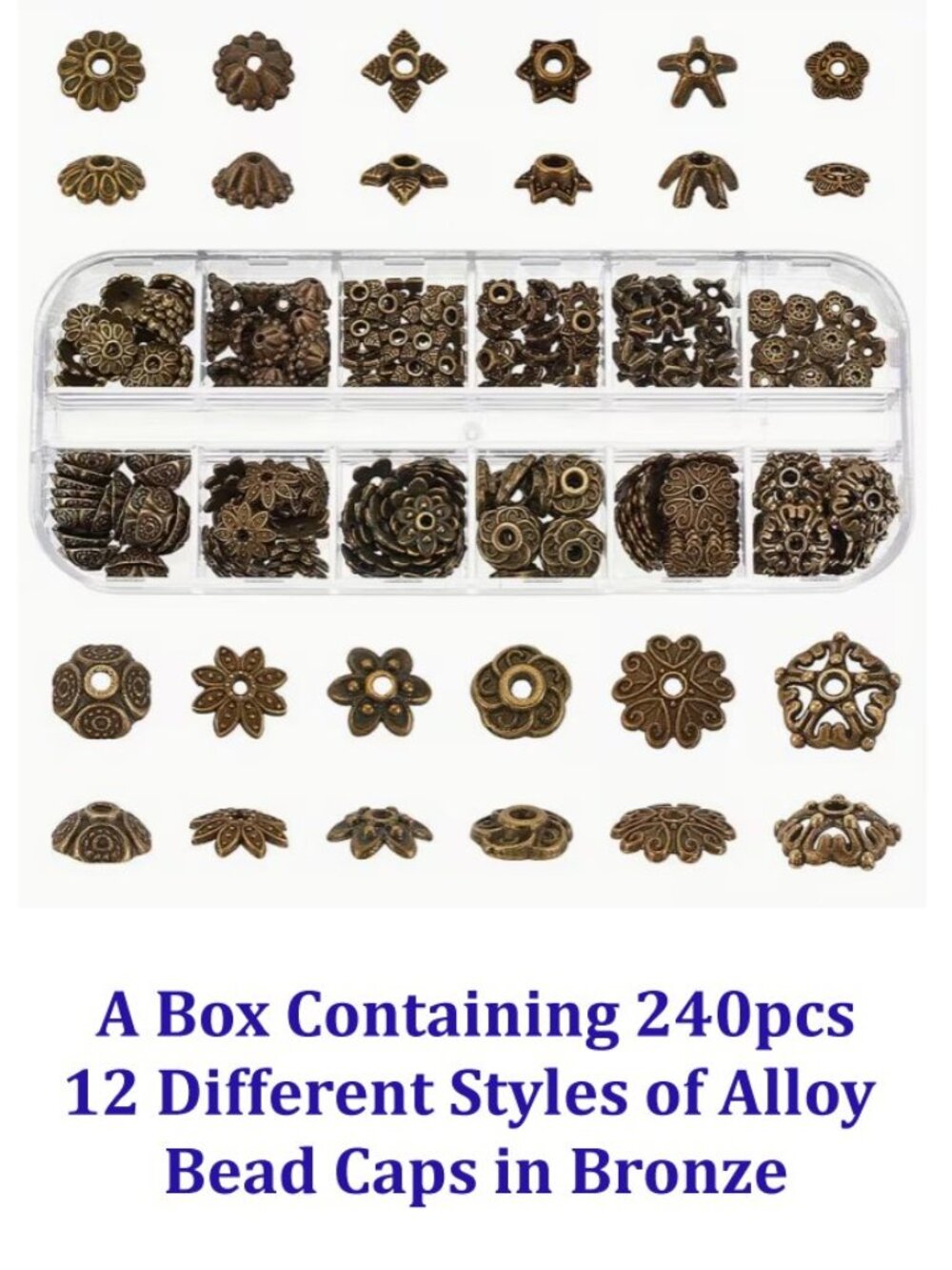 A Box Containing 240pcs 12 Different Styles of Alloy Bead Caps in Bronze